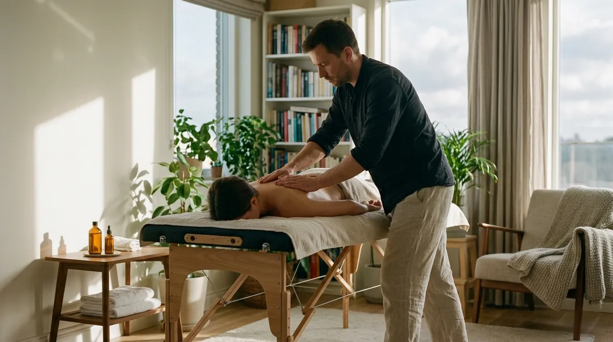 Masseur bien-être réalisant un massage à domicile