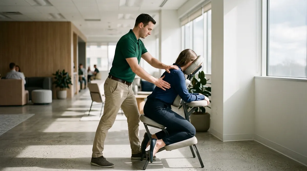 Masseur bien-être réalisant un massage assis en entreprise